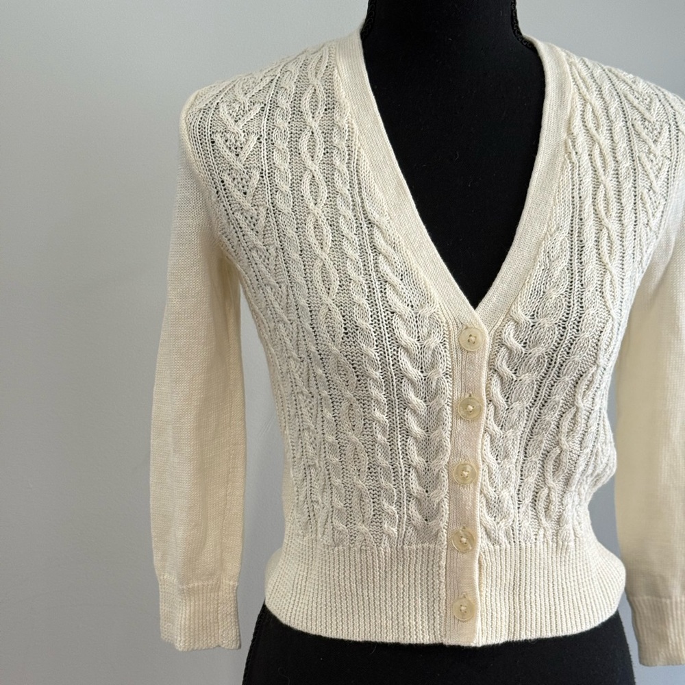 New Lauren Ralph Lauren PXS Green Label Cream Cable Knit Cardigan66% Linen 663 - Picture 2 of 8